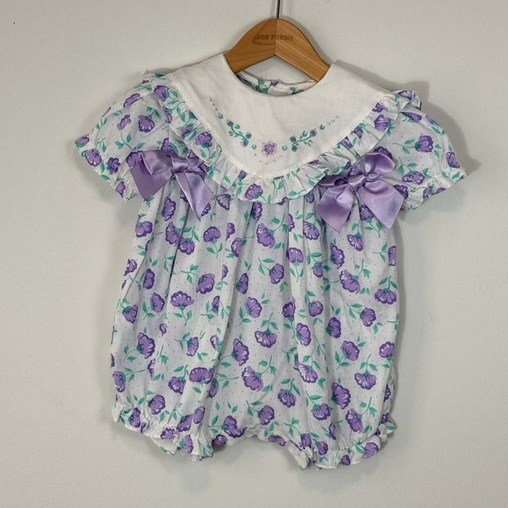VTG 80s 90s Mini Togs Baby Girl Floral Bubble Romper Embroidered Bib Collar 12M